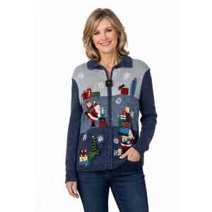 Tiara International Blue Christmas Sweater Cardigan Santa Presents Womens Medium